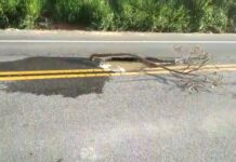 Buraco na BR-356 leva risco à vida de motoristas em Itaperuna